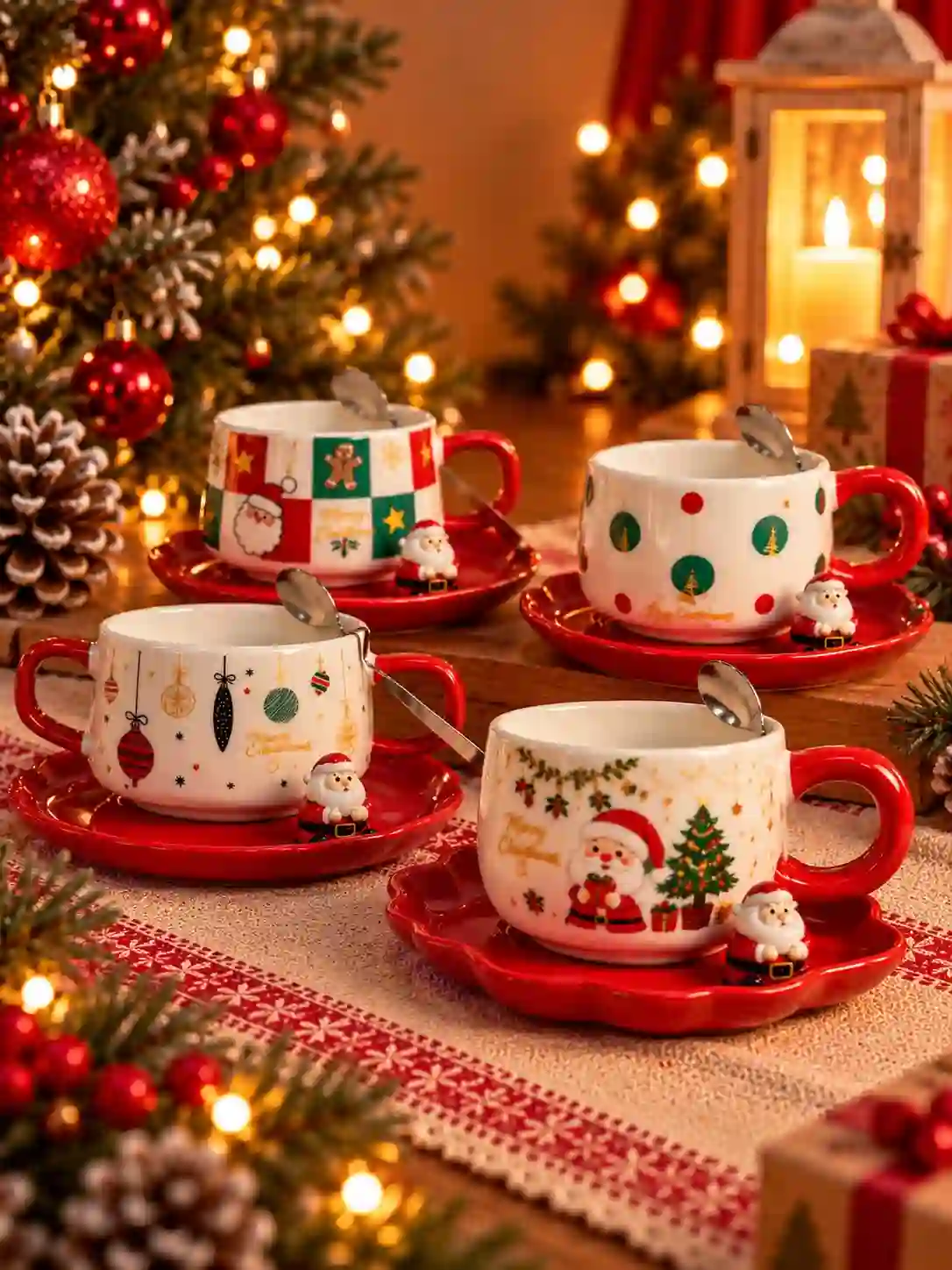 Christmas Cups with Saucers & Spoons