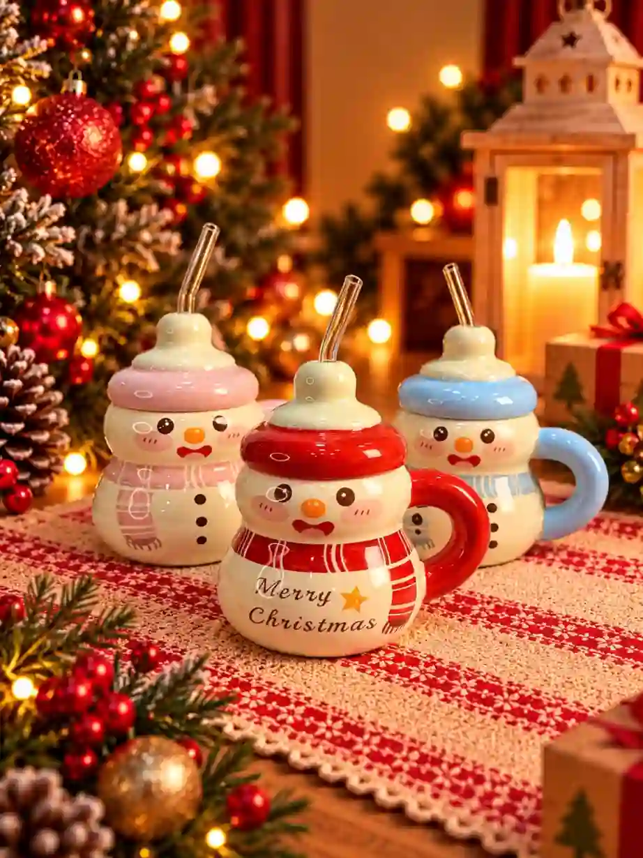 Christmas Snowman Mug with Lid & Straw