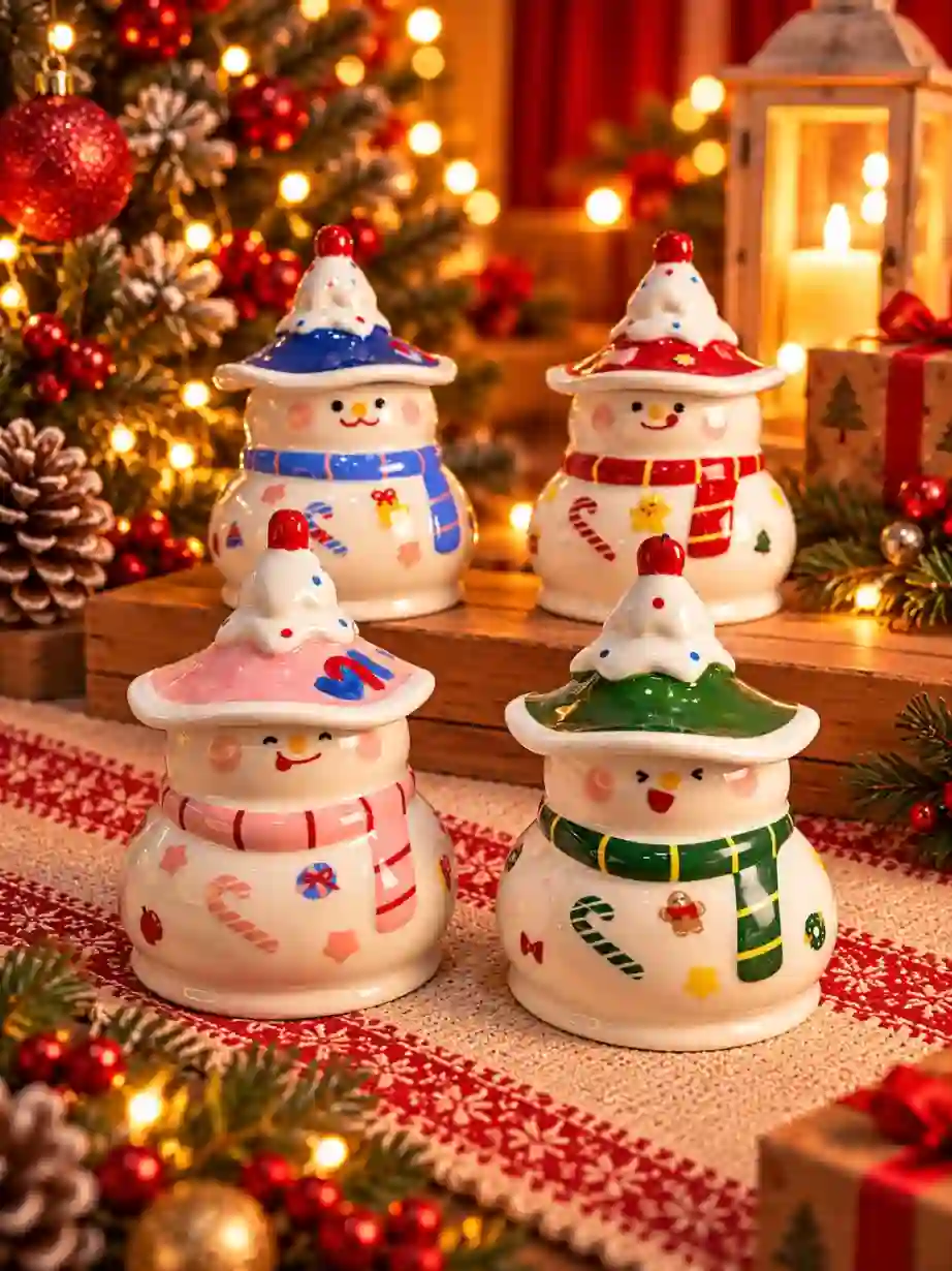 Set of 4 Colorful Christmas Snowman Jars with Lids